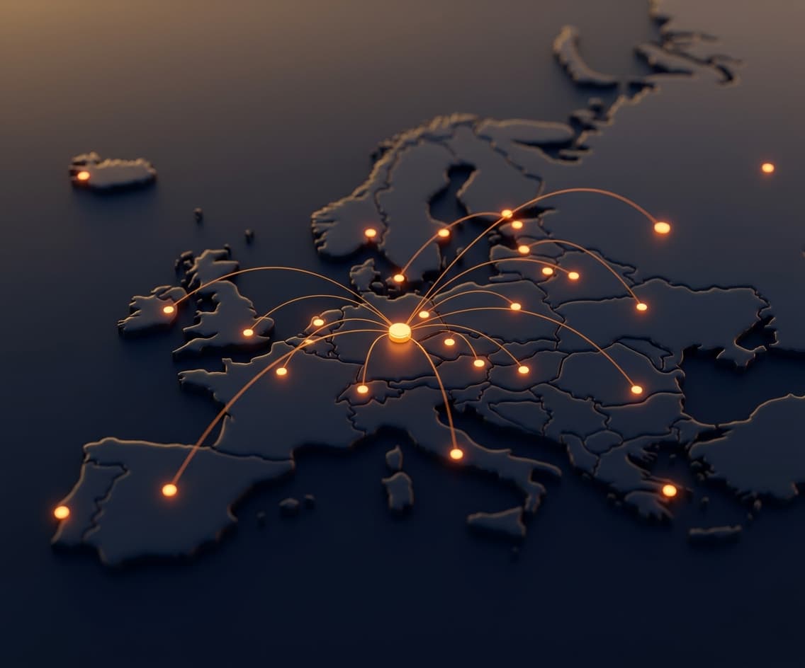 WeGroup customers across Europe, connected by warm orange threads